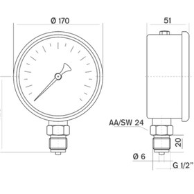 Resim Pakkens 0-60 Bar 160 mm Alttan Bağlantılı Gliserinli Manometre G 1/2 inç 