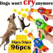 Resim Pet oyuncak topu fırlatıcı 16/54/96 adet EVA top hava bağlantılı tabanca, basınçlı yumuşak mermi tabancası sürekli atış uyarıcı eğlence kedi ve köpek için etkileşim artırır, tüm kedi ve köpek ırkları için uygun, interaktif savaş oyuncağı 