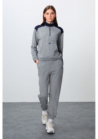 Resim Tommy Life Gri Melanj Kompakt Pamuklu Kalın Pürüzsüz Dokulu Dik Yaka Oversize Fit Kadın Eşofman Takım - 95342 GRİ MELANJ 
