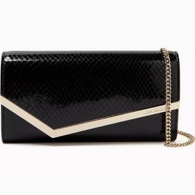 Resim Patenli Deri Emmie Clutch, Rugan & Işıltılı, Asimetrik Kapak Tasarımı - Siyah 