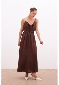 Resim Sateen Kemerli Uzun Etek - Kahve-136082 Kahve 