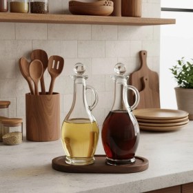 Resim Rembox Bambu Standlı Kulplu Yağdanlık Seti – 2’li 500 ml Kristal Tıpalı (Koyu Renk Altlıklı) 