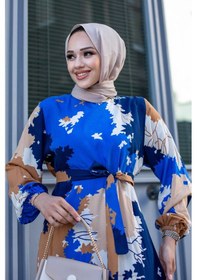 Resim Misskayle Yaprak Desenli Tesettür Saks Elbise Saks Mavisi 