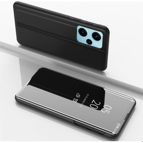 Resim Xiaomi Poco F5 Kaplama Ayna Kickstand Flip Deri Telefon Kılıfı Siyah 