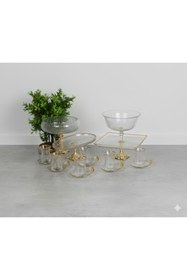 Resim ÇNR Home Collection PAŞABAHÇE GOLD DETAYLI METAL AYAKLI SUNUM & SERVİS SETİ PASTA,ÇAY SETİ , KURABİYELİK 