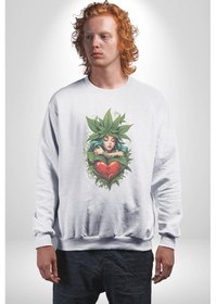 Resim Kalp Parmak Kız Yeşillik Mutluluk Unisex Beyaz Baskılı Sweatshirt Beyaz 