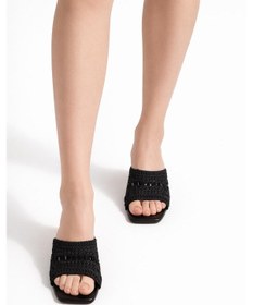 Resim Tual Shoes Kadın Siyah Örgü Detaylı Topuklu Terlik Siyah - Siyah 