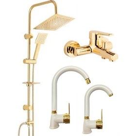 Resim ARMİLLA ARMATÜR Gold Altın Kare Robot Seti, Gold Banyo, Gold Lavabo, Mutfak Bataryası Musluğu Çeşmesi 4'lü Set 