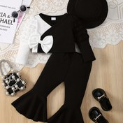 Resim 3'lü 'Kışlık Kıyafet Seti - Fiyonk Detaylı Uzun Kollu V Yaka Üst, Siyah İspanyol Paça Pantolon & Güneş Şapkası, Yumuşak Esnek Kumaş, Günlük Sonbahar/Kış Giyim, Açık Hava Oyunları İçin Mükemmel, Kız Çocuk Kıyafeti, Eğlenceli Kız Çocuk Kıyafeti, Dekoratif Fiyonk Detayı, Rahat Kız Çocuk 