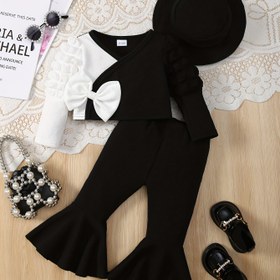 Resim 3'lü 'Kışlık Kıyafet Seti - Fiyonk Detaylı Uzun Kollu V Yaka Üst, Siyah İspanyol Paça Pantolon & Güneş Şapkası, Yumuşak Esnek Kumaş, Günlük Sonbahar/Kış Giyim, Açık Hava Oyunları İçin Mükemmel, Kız Çocuk Kıyafeti, Eğlenceli Kız Çocuk Kıyafeti, Dekoratif Fiyonk Detayı, Rahat Kız Çocuk 