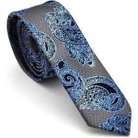 Resim Gaffy Mavi Lacivert Şal Desenli Gri Dokuma Kumaş Mendilli Slim Fit Kravat // Sdk-240115 Çok Renkli 