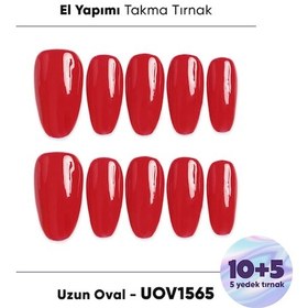 Resim 15'li Kırmızı Uzun Oval Uov1565 Tekrar Kullanılabilir El Yapımı Protez Takma Tırnak S 
