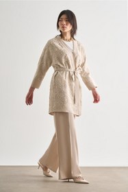Resim Mizalle Örgü Nakışlı Bej Rengi Premium Kimono Ceket 