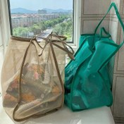Resim Büyük Kapasiteli Plaj Tote Çantası, Hafif Şeffaf File Omuz Çantası, Çekmeşenli Kapanışlı Çok Yönlü Moda Alışveriş Çantası - Polyester, Elde Yıkanabilir - Kahverengi, Siyah, Mavi 