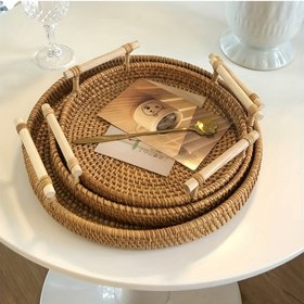 Resim 1 adet El Yapımı Rattan Tepsi, Dokuma Yuvarlak Çift Kulaklı Çay Tabağı, Dekoratif Süs Tabağı Alan Depolama, Meyve Tabağı, Ekmek Atıştırmalık Sepeti, Depolama Dokuma Sepeti, Isı Yalıtım Üçgen Mat, Ev Mutfak Malzemeleri 