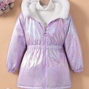Resim Kız Çocuk Polar Ceketi, Mor Simli Fermuarlı İç Astarlı Sıcak Dış Mekan Mont 