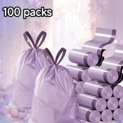 Resim 100 adet yüksek kaliteli plastik bağcıklı mor çöp poşetleri, renkli çöp poşetleri evcil hayvan atıklarını bertaraf etmek için çöp poşetleri, sağlam ve dayanıklı, çöpün taşınması ve bertaraf edilmesi kolay, mutfak, banyo, yatak odası, oturma odası, ev kullanımı için uygun - Taşınabilir Çöp 