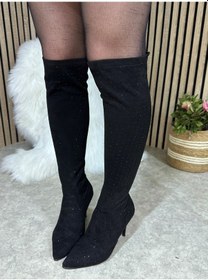 Resim Günlük Kadın Taşlı İnce Yüksek Topuklu Sivri Burunlu Fermuarsız Etkili Abiye Çizme 820 Siyah Taşlı 