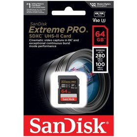 Resim Sandisk Extreme Pro 64GB 280mb/s V60 UHS-II SDXC Hafıza Kartı 