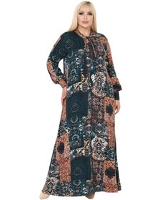 Resim Melsay Butik Fularlı Petrol Etnik Desen Uzun Kollu Büyük Beden Kadın Elbise Yeşil 