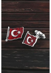 Resim Gümüş Türk Bayraklı Mineli Kol Düğmesi -5708 Gümüş 