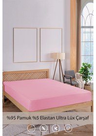 Resim Penye-likralı Lastikli Çarşaf, 160 200 Tek Kişilik %100 Pamuk-elastan Örme Kumaş, 200 Gr/m² Pembe 