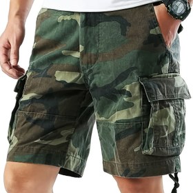 Resim Erkek Casual Kamuflaj Kargo Şortları - Çoklu Cep, Bol Kesim, Orta Bel, Esnemez Kumaş, Yürüyüş ve Açık Hava Aktiviteleri için İdeal, Yazın Temel|Casual Stil|Çoklu Cep Şortları 