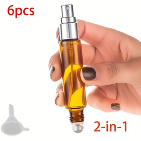 Resim 6'lı Paket, 2'si 1 Arada Esansiyel Yağ Püskürtücü Rulo, 10ml Çift Başlı Paslanmaz Çelik Rulo Topu ve Esansiyel Yağ-Parfüm Kullanımı için İnce Sis Püskürtücü, (Küçük Huni + Şişe Açacağı Dahil) 