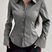 Resim Kadınlar için Dar Kesim Çizgili Uzun Kollu Düğmeli Gömlek - Asimetrik Etekli Şık Polyester Bluz, Siyah & Beyaz Dikey Çizgiler, Günlük Kullanım İçin Mükemmel 