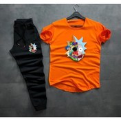 Resim NewCabin Unisex Oval Kesimli Slim Fit Ricky And Morty Baskılı Turuncu Tişört Siyah Renk Eşofman Takım 2li 