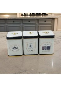 Resim London Desenli 3'lü Kare Metal Saklama Kabı Seti, 7,5 X 7,5 X 10 Cm, 0,5 Lt 