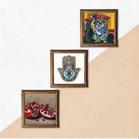 Resim Pinecone Picasso Ağlayan Kadın, Nar, Fatma Ana Eli (Hamsa) Taş Duvar Tablosu - Ahşap Çerçeveli Taş Tablo - 25x25 cm - 3 Parça Set - Dekoratif Duvar Sanatı - Modern Ev ve Ofis Duvar Dekoru W3-779 