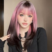 Resim Şık Gradyan Peruklar 45.72 Cm Uzun Pembe Peruk Açık Siyah Kökleri ve Patlamalı Kuyrukları Sentetik Peruklar Kadınlar İçin Günlük Parti Cosplay Kullanımı 
