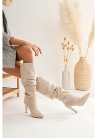 Resim Rimaz Ten Süet Körüklü Uzun Sivri Topuklu Çizme 001 