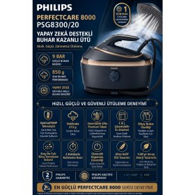 Resim Philips Perfectcare 8000 Series Buhar Kazanlı Ütü - Yapay Zekâ Destekli Akıllı Buhar, 9 Bar Basınç, 850 G Şok Buhar, Optimaltemp Yanık Koruması, Steamglide Elite Taban, Hızlı ve Güvenli Ütüleme 