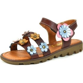 Resim Bayrak Hakiki Deri Kahverengi Çiçekli Anatomik Kız Çocuk Sandalet Kahverengi 