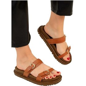 Resim Çift Bantlı Tokalı Kadın Terlik Taba-taba Taba 