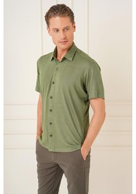 Resim Comfort Fit Spor Yaka Kısa Kol Esnek Pamuk Haki Gömlek G 1573 Haki 