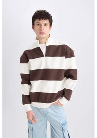 Resim DeFacto Boxy Fit Fermuarlı Dik Yaka Çizgili Sweatshirt C7045AX24AUBN497 Kahve Kahverengi 