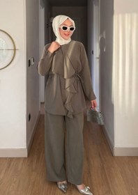 Resim Tesettür Diyarı Tilda Fırfır Detaylı Tansel Kumaş Tesettür Takım- Haki 