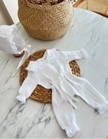 Resim Müslin Tulum Seti | Beyaz Fisto Detaylı | Lolly Babies - 0-3 Ay 