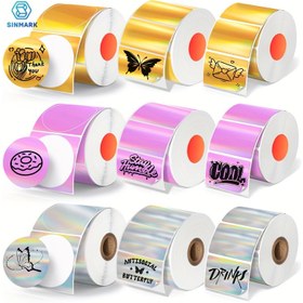 Resim 2 Rulo Termal Yazıcı Etiket Sticker, SINMARK Altın/Gümüş/Mor Holografik Yansıtıcı Termal Etiketler, Barkod/Logo/Hediye Etiketi/Business/Yemek Dolabı Etikleri için Uygun, SK20, SK35, Phomemo M110, M220 vb. ile Uyumlu 
