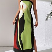 Resim Kadınlar için Şık Avokado Baskılı Askısız Midi Elbise - Şık Mavi ve Sarı Soyut Tasarım, Yırtmaçlı Etek, Polyester/Spandex Karışımı, Makinede Yıkanabilir 