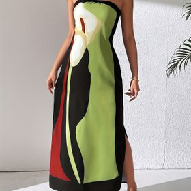 Resim Kadınlar için Şık Avokado Baskılı Askısız Midi Elbise - Şık Mavi ve Sarı Soyut Tasarım, Yırtmaçlı Etek, Polyester/Spandex Karışımı, Makinede Yıkanabilir 