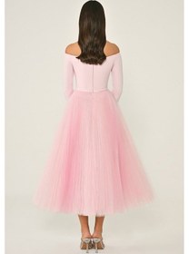 Resim Açık Omuz Kollu Eteği Tül Midi Abiyeelbise 25y6844 Alfa Beta Pembe 