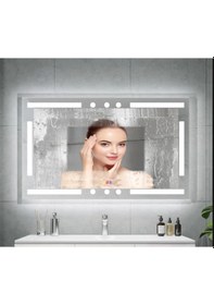 Resim 120x80 H Cm Bluetoothlu Buğu Çözücülü Dokunmatik Işıklı Kumlamalı Banyo Aynası 