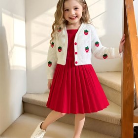 Resim Yeni kız düğme kardigan örgü üst çilek yama katlı kolsuz yelek etek yuvarlak boyun kızlar sonbahar ve kış iki parça set sevimli çok yönlü bayan elbise doğum günü partisi prenses elbisesi, dış mekan için 