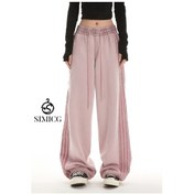 Resim Kadın Büyük Beden Çizgili Bol Düz Spor Pantolon Pembe 