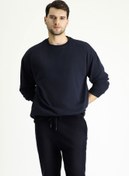Resim Orta Lacivert Bisiklet Yaka Oversize Pamuklu Sweatshirt Kigili