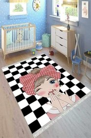 Resim Cotton Şönil Kaymaz Tabanlı Yıkanabilir Antibakteriyel Dijital Baskı Çocuk Halısı Siyah, CK-10013A-CTN-80X150 